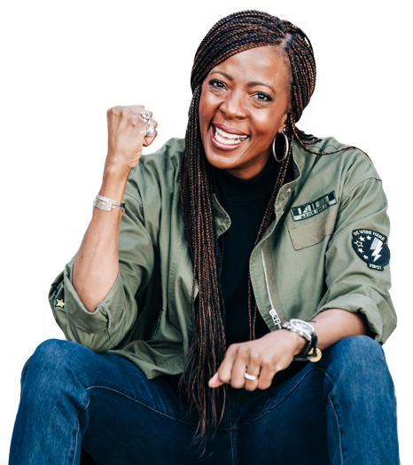 A self-possessed Black woman in her fifties, relaxed and mid-laugh, clearly past the grind